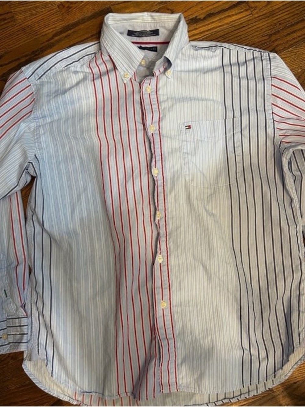 Tommy Hilfiger White Button-Down Shirt with Red & Navy Stripes